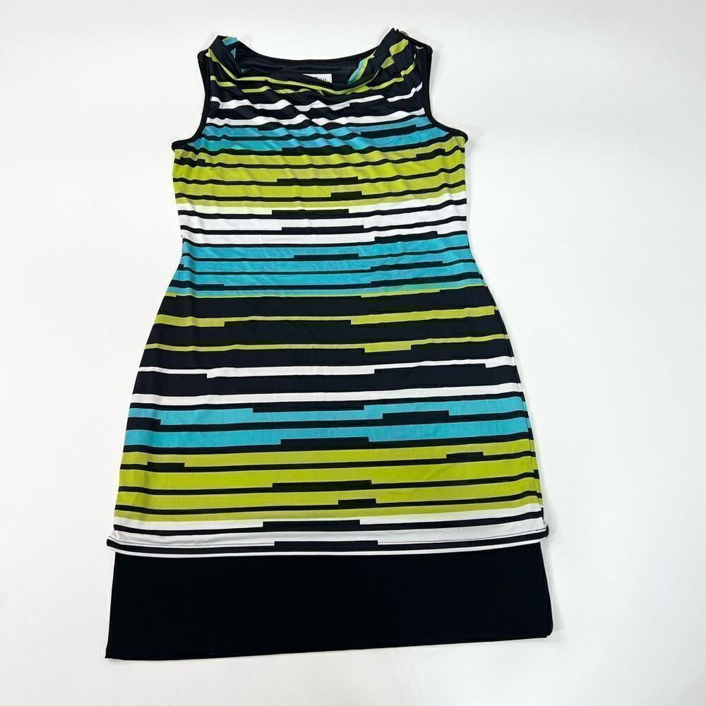 Joseph Ribkoff Dress Womens 10 Stripes Shift Sleeveless Ladies Satin Round Neck